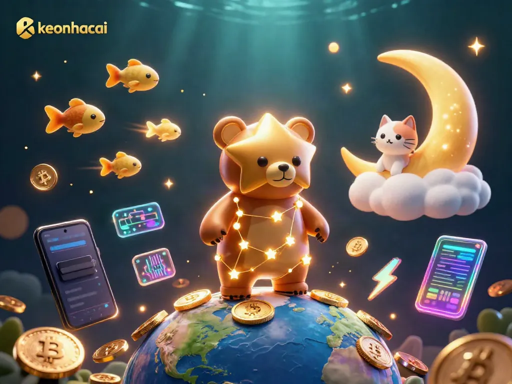 Engage in thrilling gambling interactions with keonhacai, featuring a constellation bear scooping coins among vibrant crypto elements.