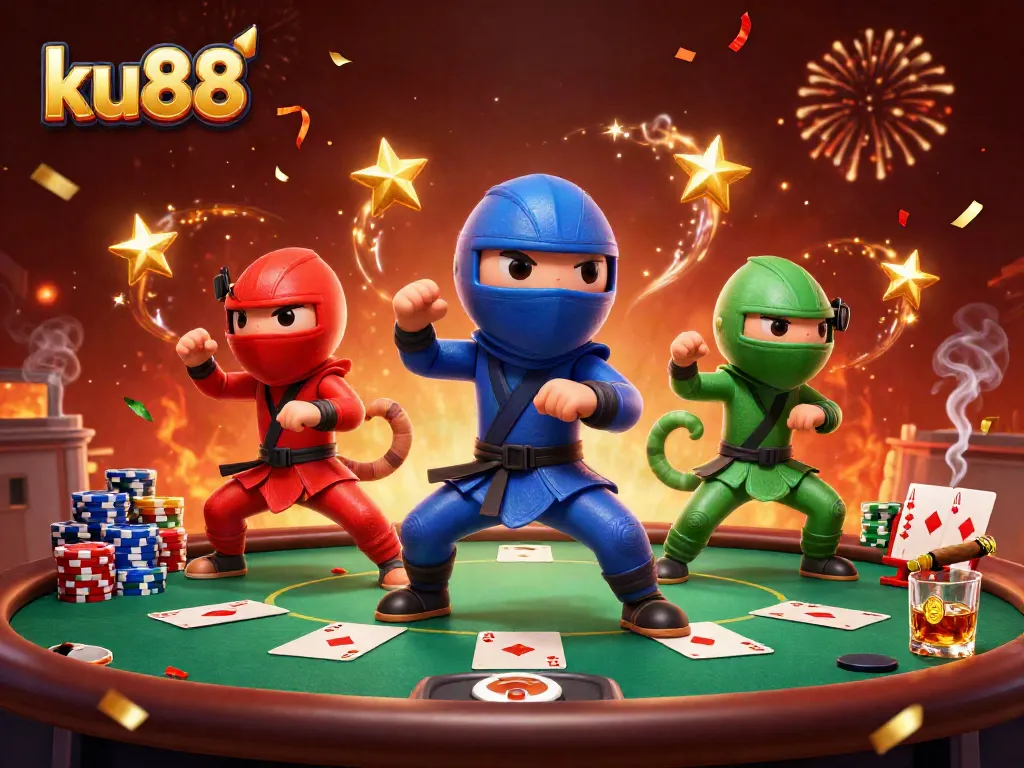 ku88 cartoon ninja chameleons celebrate around a poker table, showcasing intense gaming action.