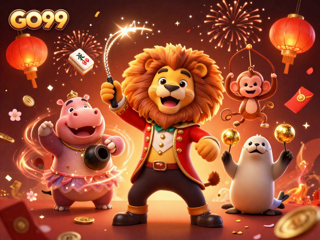 Experience thrilling gameplay at GO99 with a vibrant circus-themed illustration showcasing dynamic characters.