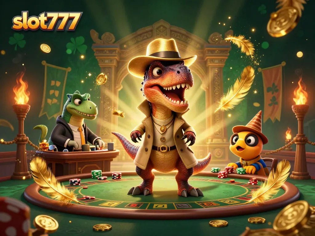 Spin the reels with slot777 as the velociraptor card counter plots in a vibrant casino scene.