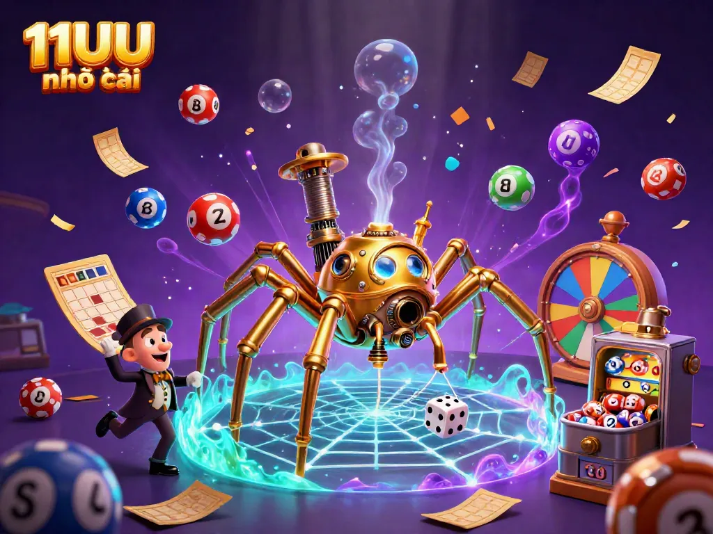 Engaging scene from 11UU nhà cái featuring a steampunk spider in a web of poker chips and golden chains.