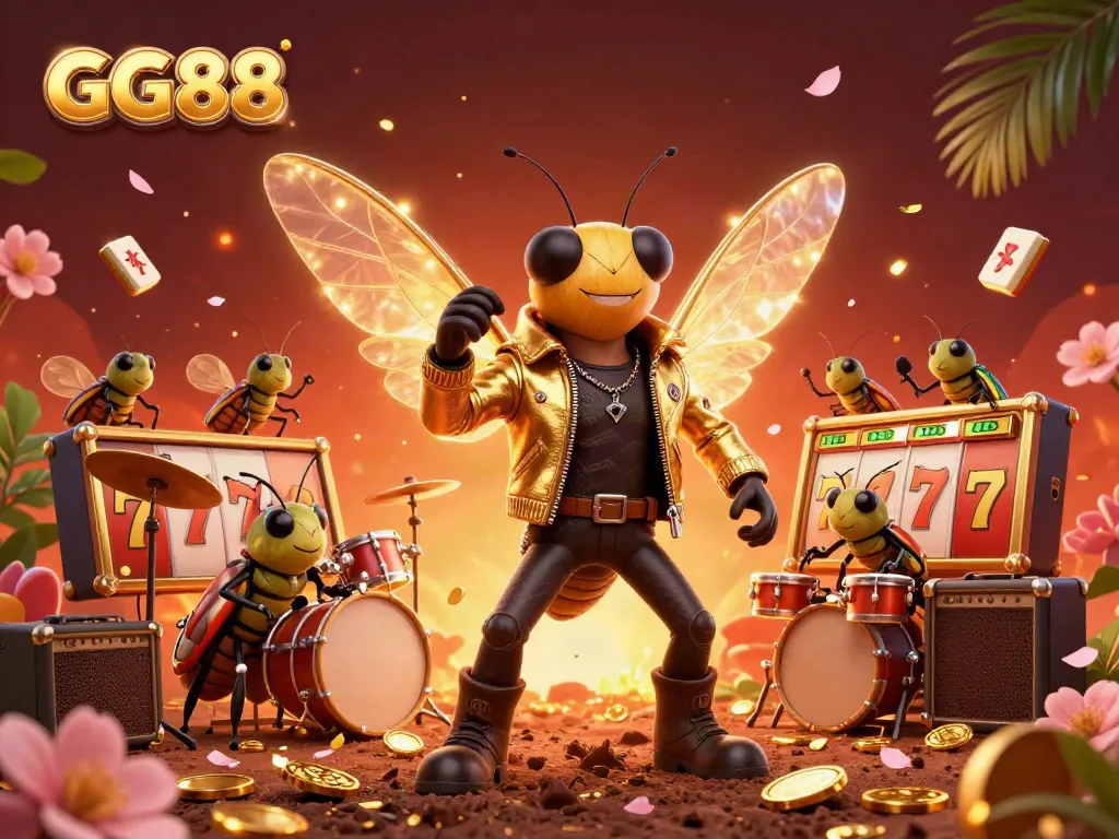 Experience the excitement of GG88 with a vibrant 3D casino scene featuring a cicada rock star, slot reels, and golden elements.