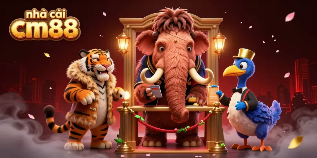 Engaging illustration of nhà cái cm88 with a woolly mammoth bouncer and a VIP tiger.