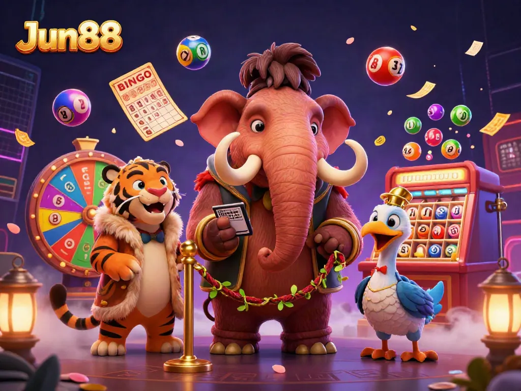 Experience Jun88 casino with a vibrant scene of a mammoth bouncer, saber-tooth tiger guest, and colorful lottery elements.