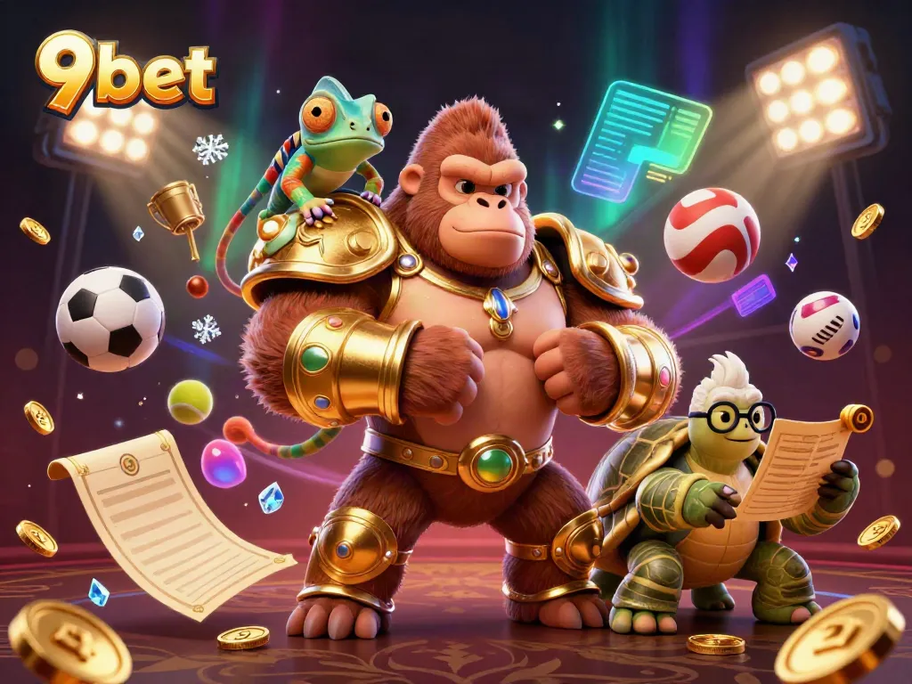 Win big at 9bet with engaging characters in an action-packed gambling scene featuring dynamic sports elements.