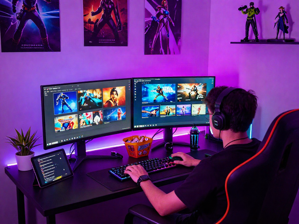 Engaging gaming setup featuring a gamer focused on multiple porn games with colorful LED lights
