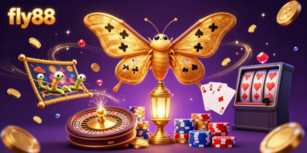 Engage with fly88, showcasing 3D cartoon moth amid casino elements, rich colors, and dynamic light trails.
